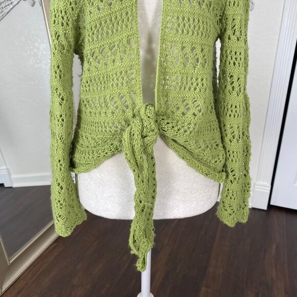 Vintage Made in USA Fairy Grunge Crochet Green Front Tie Cardigan XL 16 / 18 - Picture 2 of 8